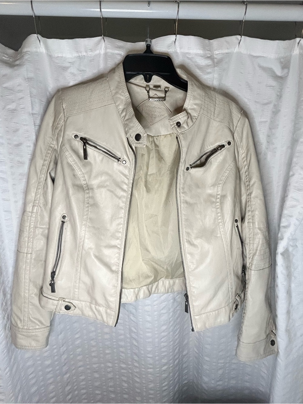 Jou Jou Cream Faux Leather Moto Jacket